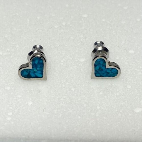 Vintage Turquiose Heart Coral Inlay Silver Earrings 1/4" Hearts Post Stud EUC - Picture 12 of 12